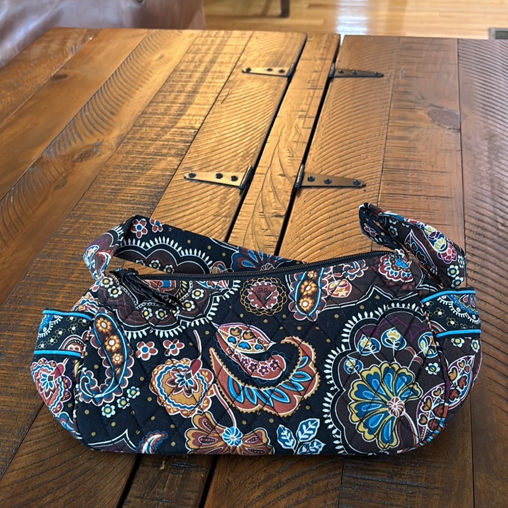 Vera Bradley Black Quilted Paisley Shoulder Bag with Teal, Gold & Pink Accents